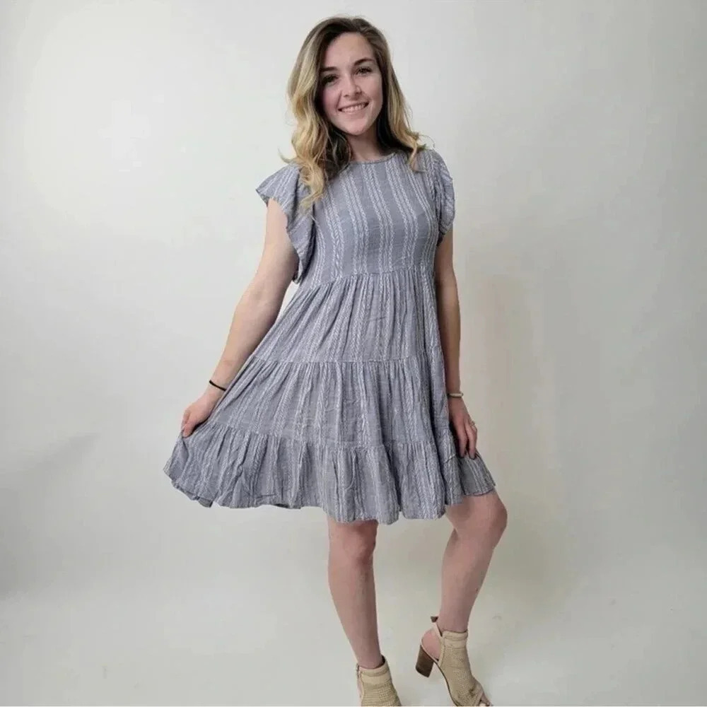 Elan Tiered Blue Grey Dress